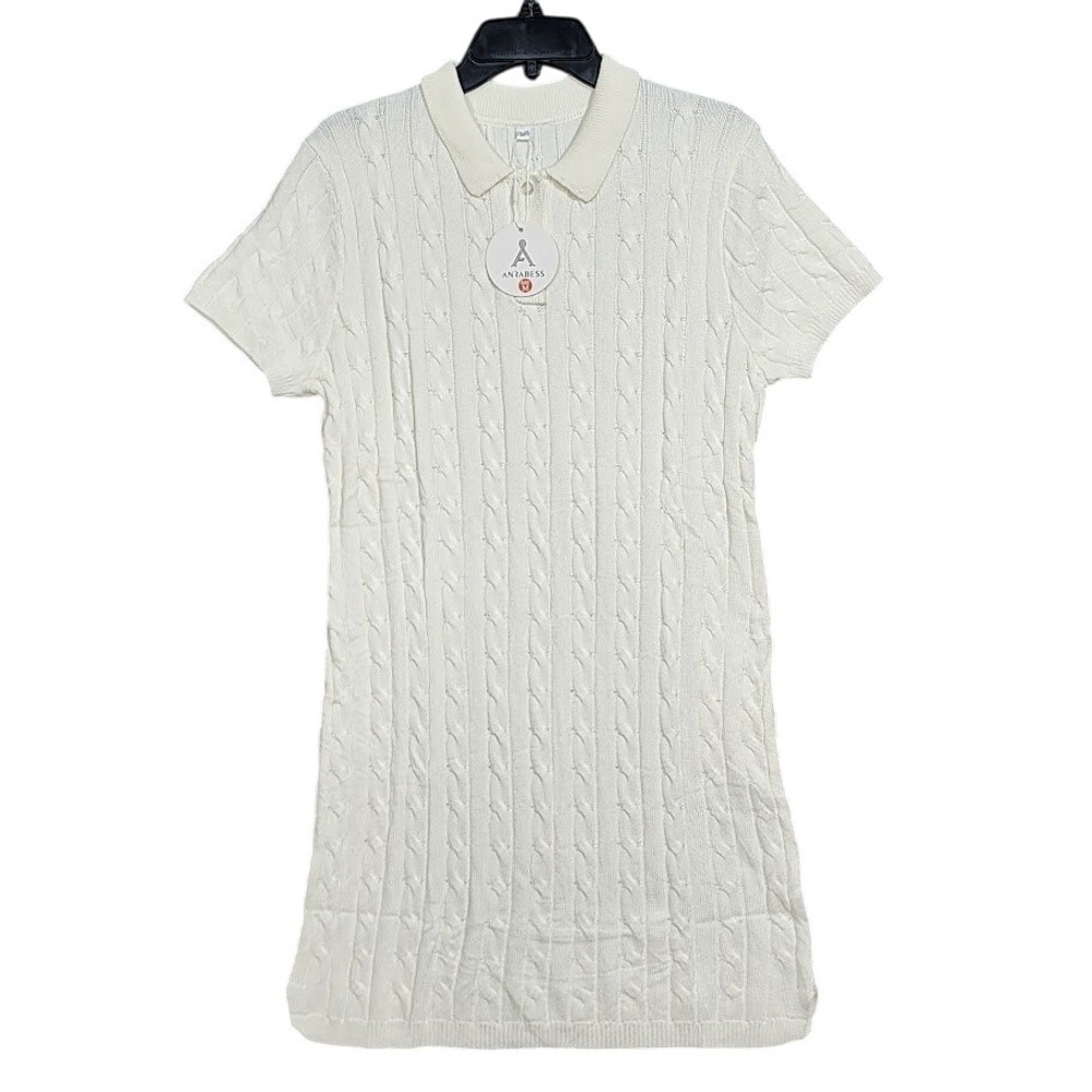 ANRABESS Cable Knit Sweater‎ Dress Short Sleeve Viscose Medium Cream Off White